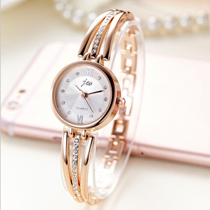 Rhinestone Steel Band Watch – Elegant Women’s Round Wristwatch