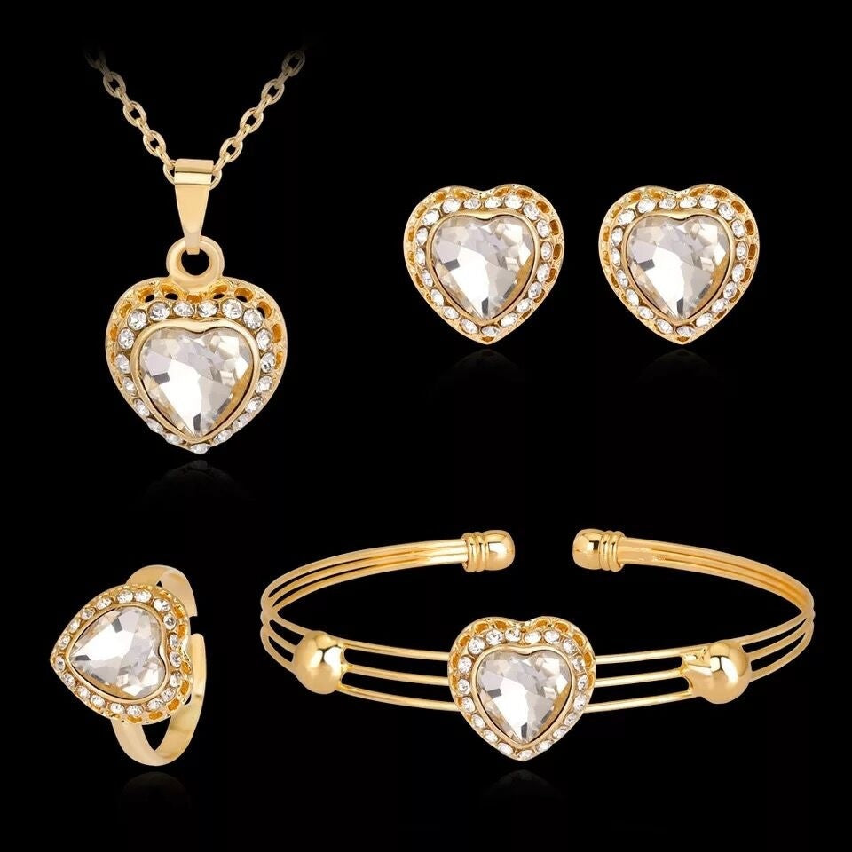 Peach Heart Rhinestone Jewelry Set – Earrings & Necklace for Brides
