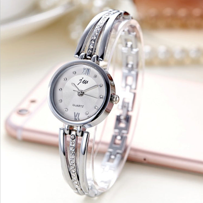 Rhinestone Steel Band Watch – Elegant Women’s Round Wristwatch