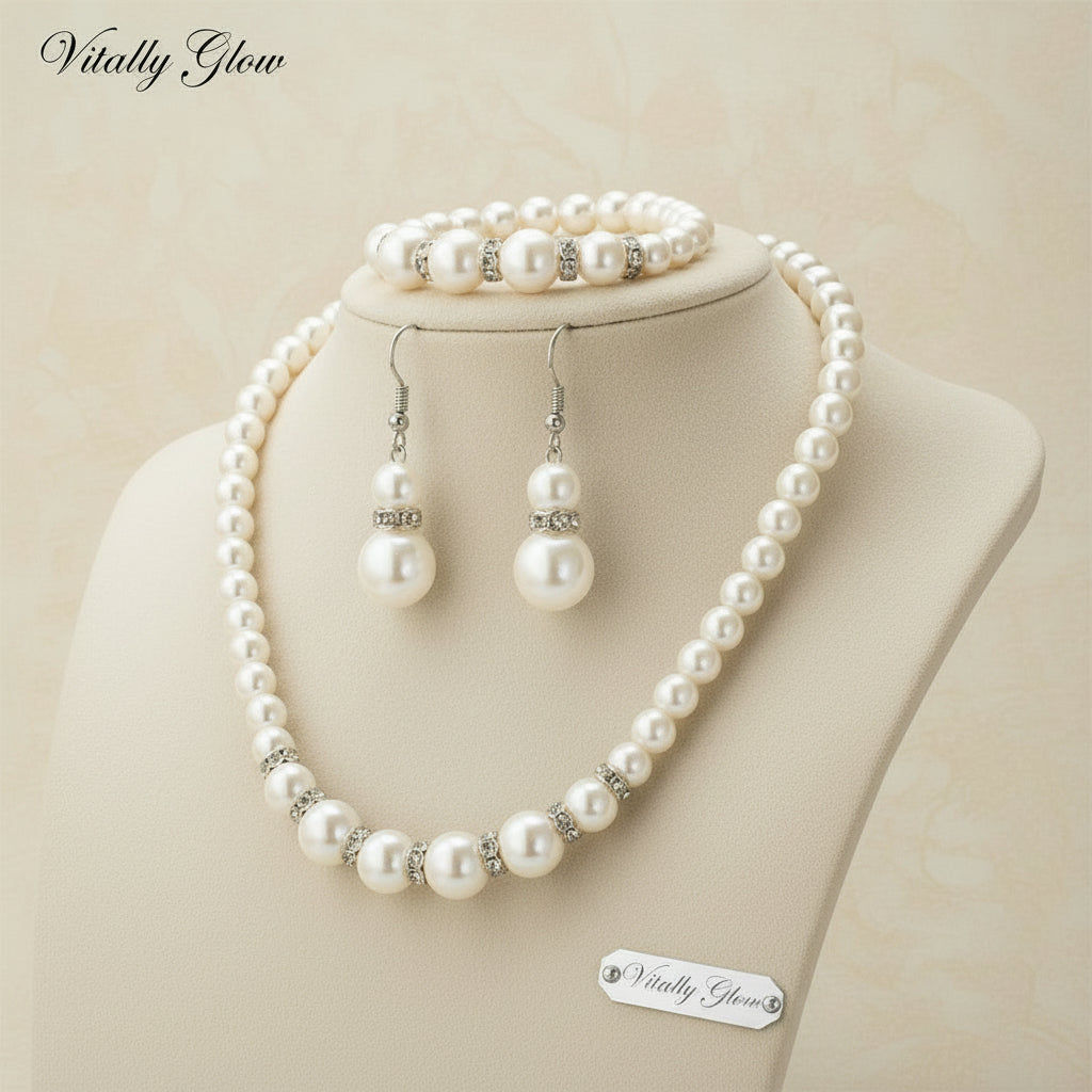 Elegant Pearl 3-Piece Jewelry Set – Necklace, Bracelet & Earrings