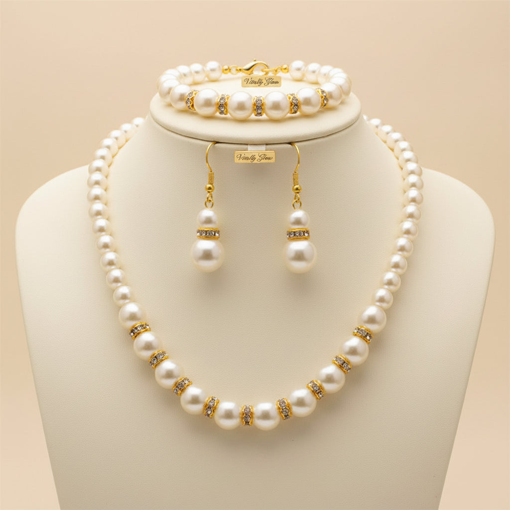 Elegant Pearl 3-Piece Jewelry Set – Necklace, Bracelet & Earrings